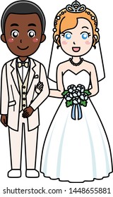 International wedding. A man wears a tuxedo and woman wears dress.