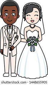 International wedding. A man wears a tuxedo and woman wears dress.