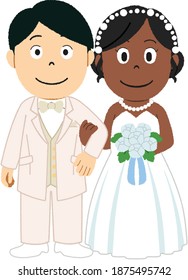 International wedding. A man wears a tuxedo and woman wears dress.