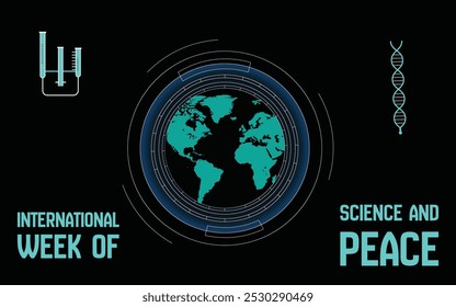 Semana Internacional de la Ciencia y la Paz, con símbolos de la ciencia, la paz y la colaboración mundial. Ideal para contenido educativo, campañas y promociones de eventos en noviembre