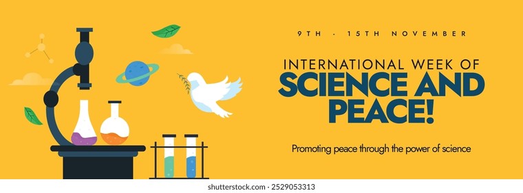 International week of science and peace. November Science and peace week celebration cover banner with microscope, flasks, beakers, dove. The week is to engage, inspire people with science, technology