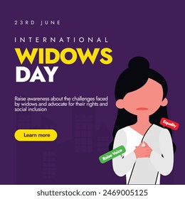 International Widows day. 23rd June International widows day banner, post to raise voice to help and support them with a young widow girl wearing white dress. 