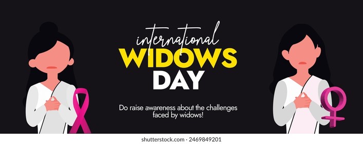 International Widows day. 23rd June international widows day celebration cover banner, post with two widow woman in white dress, woman sign and pink ribbon to show support they need.