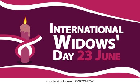 
Diseño de banner vectorial del Día Internacional de las Viudas con fondo rosa geométrico simple, vela iluminada envuelta con una cinta, tipografía y fecha.  Ilustración de póster moderno mínimo del Día de las Viudas. 