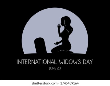 International Widows Day Vector. Young Grieving Widow Vector. Woman Kneeling At A Grave Vector. Silhouette Of A Young Woman At The Grave Vector. Widows Day Poster, June 23. Important Day