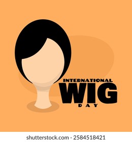 International Wig Day to celebrate on March 10th. Illustration of a statue of a face wearing a black wig on a beige background. Fashion event banner.