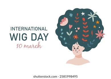 International wig day. March 10. Happy women wearing wig. Curly hair with flowers. Cartoon hand drawn style. Flat vector design illustrations. EPS 10