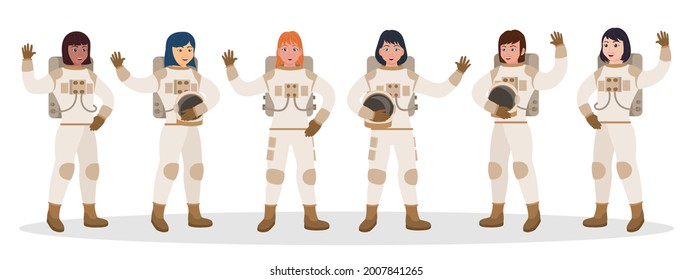 International woman astronaut team stand in row waving hand. Multiracial interstellar spaceship starship spacefaring female crew ready for adventure vector illustration isolated on white background