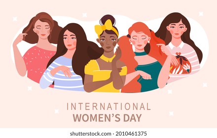 International woman day concept. Multiethnic women portraits, beautiful young girls in different poses. Female gender. Holiday card. Cartoon flat vector illustration isolated on a pink background