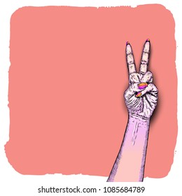 International woman day. Diversity raised fist. Ink art with empty grunge space for text. Vector.