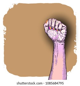 International woman day. Diversity raised fist. Ink art with empty grunge space for text. Vector.