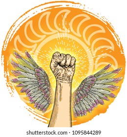 International woman day. Diversity raised fist with wings, strong girl power, yes you can concept. Vector.