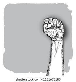 International woman day. Diversity raised fist. Ink art with empty grunge space for text. Vector.