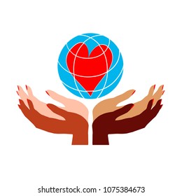 International woman day diversity. Vector banner template on International Women's Day vector concept with the image of women's hands of different skin colors.