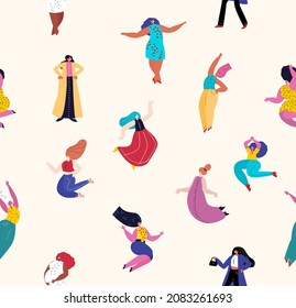 Impresión de un patrón interminable en el Día Internacional de la Mujer.Concepto de feminismo.Hermosas y diferentes chicas se unen.Fiesta,Celebración.Mujeres confiadas libres.Empoderamiento femenino.Ilustración plana vectorial