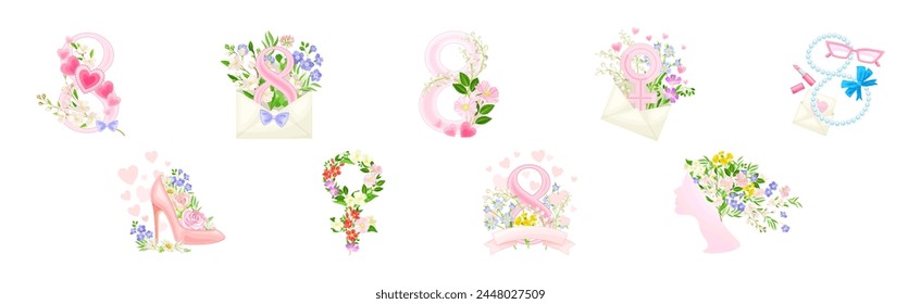 International Woman Day Floral Composition with Feminine Object Vector Set