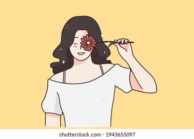 International woman day, flowers gift concept. Young happy smiling woman holding orange Gerbera daisy covering her eye with eyes closed vector illustration 