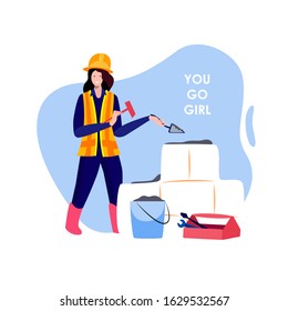 International Woman Day.You Go Girl Text.Foreman Girl Confident Choose Profession.Construction Worker Builder Handyman.Installer put Cement, Build Brick Wall.Feminism concept.Flat Vector Illustration