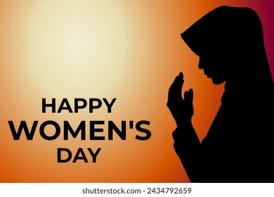 International Woman Day. Muslim Girl Prayer in hijab silhouette. Happy Womens Day Calligraphy. women Day, Happy  Day, vector illustration, Banner poster. Text, Typography 