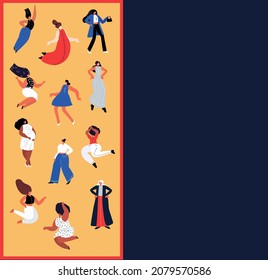 International Woman Day Poster Template.Feminism concept.Bright Beautiful Different Girls Women stand Together.Party,Celebration. Free Confident Women.Female Empowerment.Vector Flat Illustration