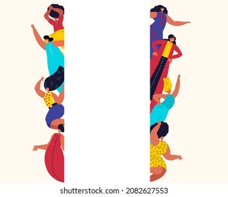 International Woman Day Poster Template.Feminism concept.Bright Beautiful Different Girls Women stand Together.Party,Celebration. Free Confident Women.Female Empowerment.Vector Flat Illustration