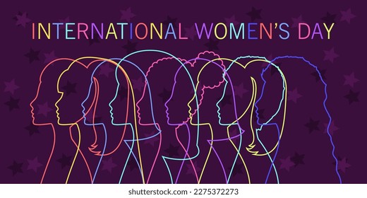 International woman day vector illustration. Women profiles of different colors on purple background. Womans day banner or postcard design. Empowerment movement, diversity, feminism concept