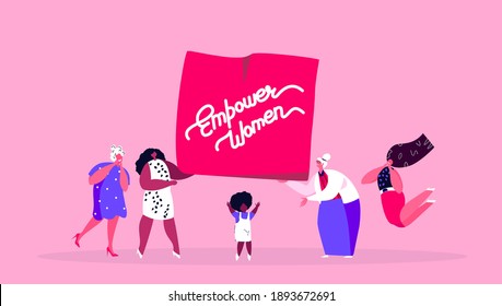 International Woman Day.Feminism concept.Bright Beauty Different Women,Child,Girls and Retored Old Pensioner Ladies hold Poster with Slogan.Eighth March Congratulation.Free Confident Flat Illustration