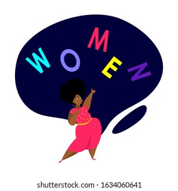 International Woman Day.Feminism concept.Bright Happy Smiling African Dark Skin Girl.Eight of March.Free Confident Women.Body Positive. Feminine idea,Female Empowerment.Flat vector illustration