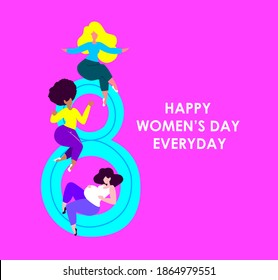 International Woman Day.Feminism Concept.Different Ladies African,Pregnant,Blond Girls.Ladies on Eighth of March.Free Confident Female, Woman Empowerment. Women's Day Feminine Flat Vector Illustration