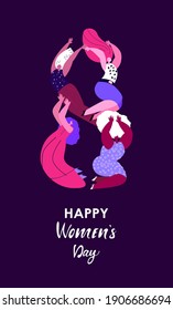 International Woman Day.Feminism concept.Different Young Girls Support Each Other. Together in Shape of Eighth of March.Free Confident Women. Feminine ideas,Female Empowerment.Flat Vector Illustration