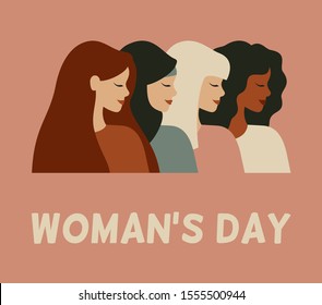 International woman's day card. Diverse female portraits of different nationalities and cultures isolated from the background. Vector concept of the females empowerment movement.