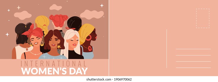 International woman's day card. Multiethnic women portraits, beautiful young girls, holiday letter template with congratulation text. Vector postcard or greeting card mockup in modern cartoon style
