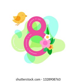 International Womans day flat vector icon. Concept of Number 8, with a bouquet flowers and bird. Sign for web or mobile app. Vector clipart, illustration.
