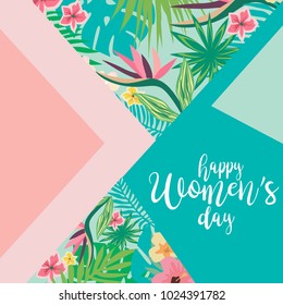 International Woman's Day greeting card with tropical flowers. Vector illustration