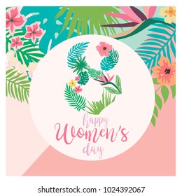 International Woman's Day greeting card with tropical flowers. Vector illustration
