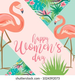 International Woman's Day greeting card with tropical flowers. Vector illustration