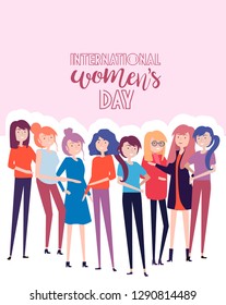 International woman's day. Illustration with different girls. Editable vector illustration