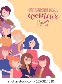 International woman's day. Illustration with different girls. Editable vector illustration