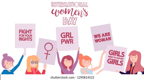 International woman's day. Illustration with different girls, young women standing together and holding blank banner, protesters or activists. Editable vector illustration