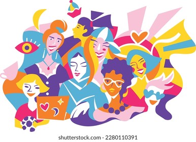 International women and children collage. Cutout playful illustration with happy mothers and kids. Women empowerment poster