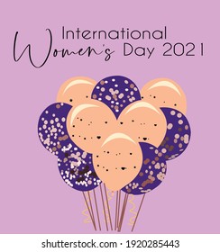 International Women Day 2021 In Purple Theme With Purple Balloons Vector Illustration