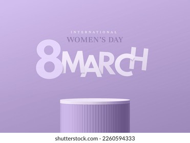 International women day 3D background with realistic purple cylinder podium, Text 8 march in paper cut style. Abstract minimal wall scene, Mockup product display. Geometric platforms. Stage showcase.