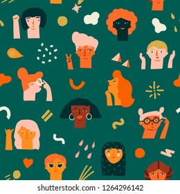 International women day 8 of March seamless pattern with various of women faces different race, age and profession. Feminism illustration collection.