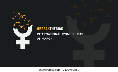 International women day background, with Fflying bird and women symbol on Black background, for wallpaper, flyer etc.