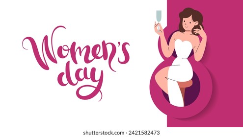 International Women Day banner. Girl with glass of champagne. Invitation with number 8 paper cut style. 8 march lettering. Congratulating background. celebration of spring. Vector flat illustration.