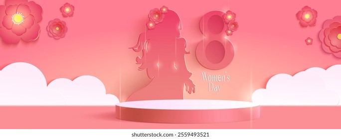 International Women Day banner. Podium with paper cut abstract white clouds, pink flowers, silhouette of girl with long hair and number eight for 8 March congratulation and holiday discount promo.