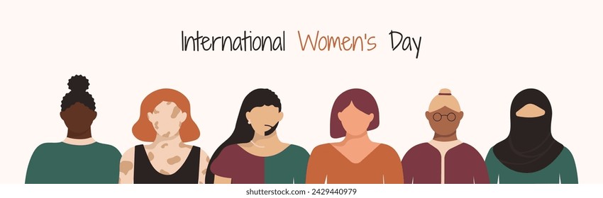 International Women Day banner. Woman in leadership, empowerment, gender equality concept. Crowd of girls of diverse age, races and identification in faceless style. Vector spring holiday background.