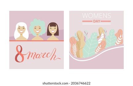 International Women Day Card as Global Holiday Greeting Vector Set