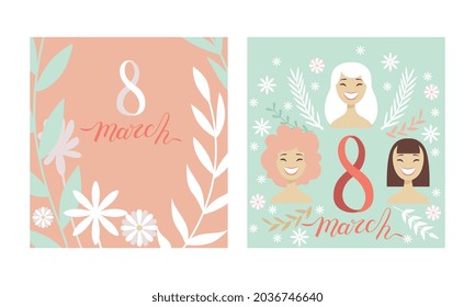 International Women Day Card as Global Holiday Greeting Vector Set