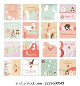 International Women Day Card As Global Holiday Greeting Big Vector Set